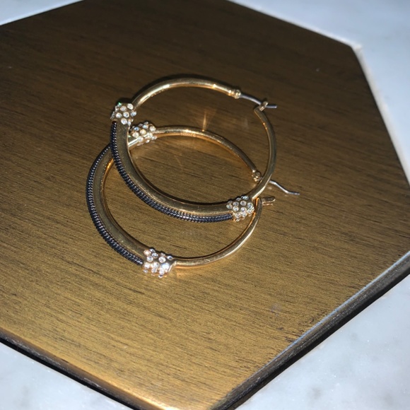 Sparkly 1 3/4 inch hoops in gold-tone with black metal & crystals. - Picture 6 of 9